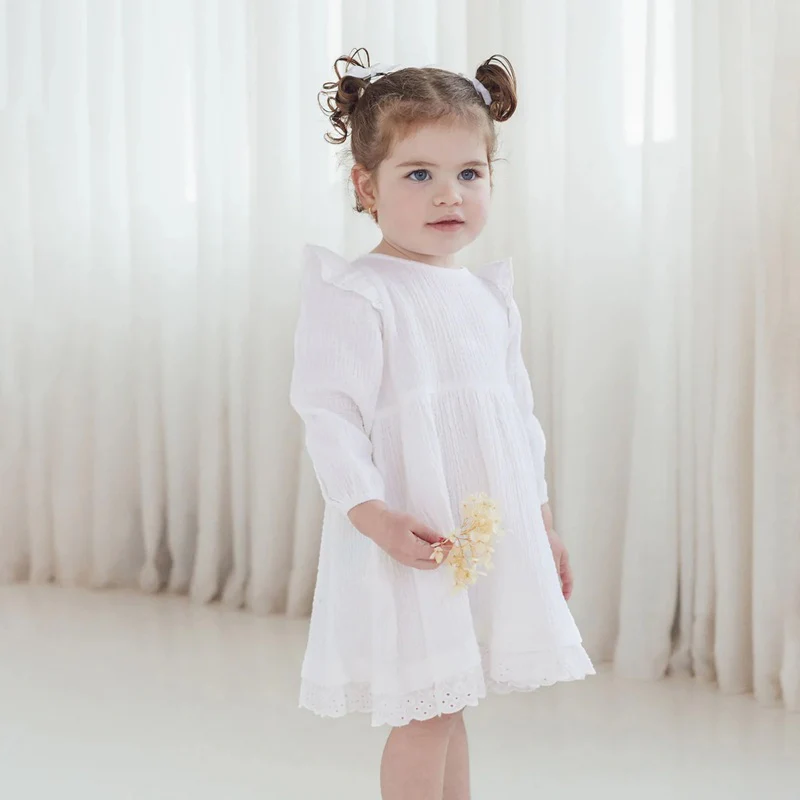 Aster & Oak White Muslin Flutter Dress - White - Image 3