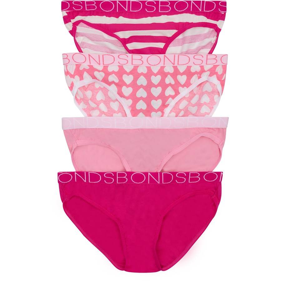 Bonds Girls Bikini 4 Pack - Pink Heart Print Pack