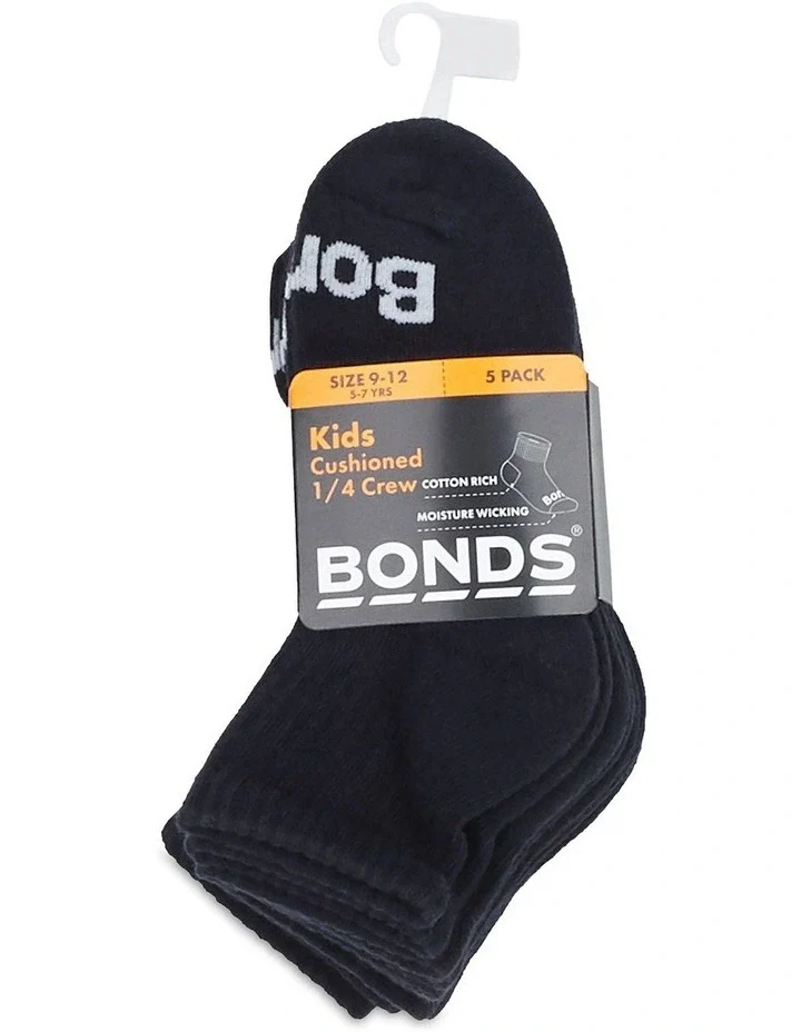 Bonds Kids Cushioned 1/4 Crew Socks - 5 Pack - Black - Image 3