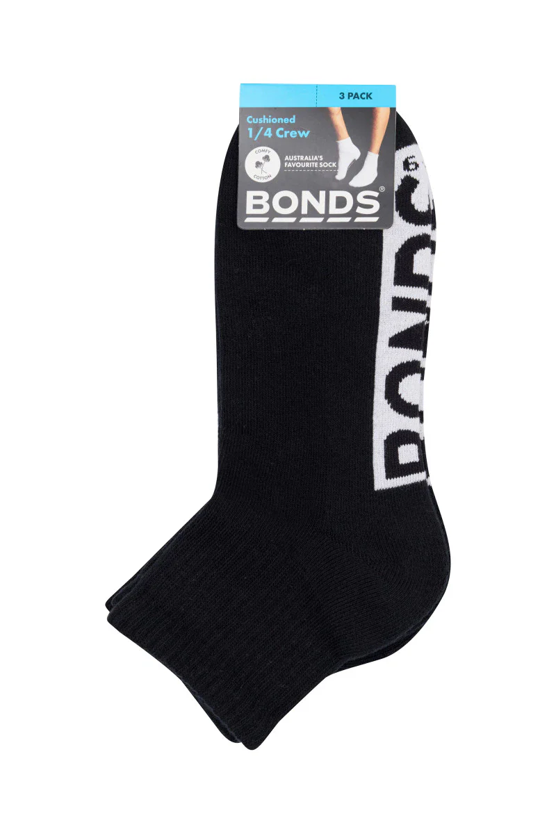Bonds Men's Cushioned Quarter Crew Socks 3 Pack - Black - Image 2