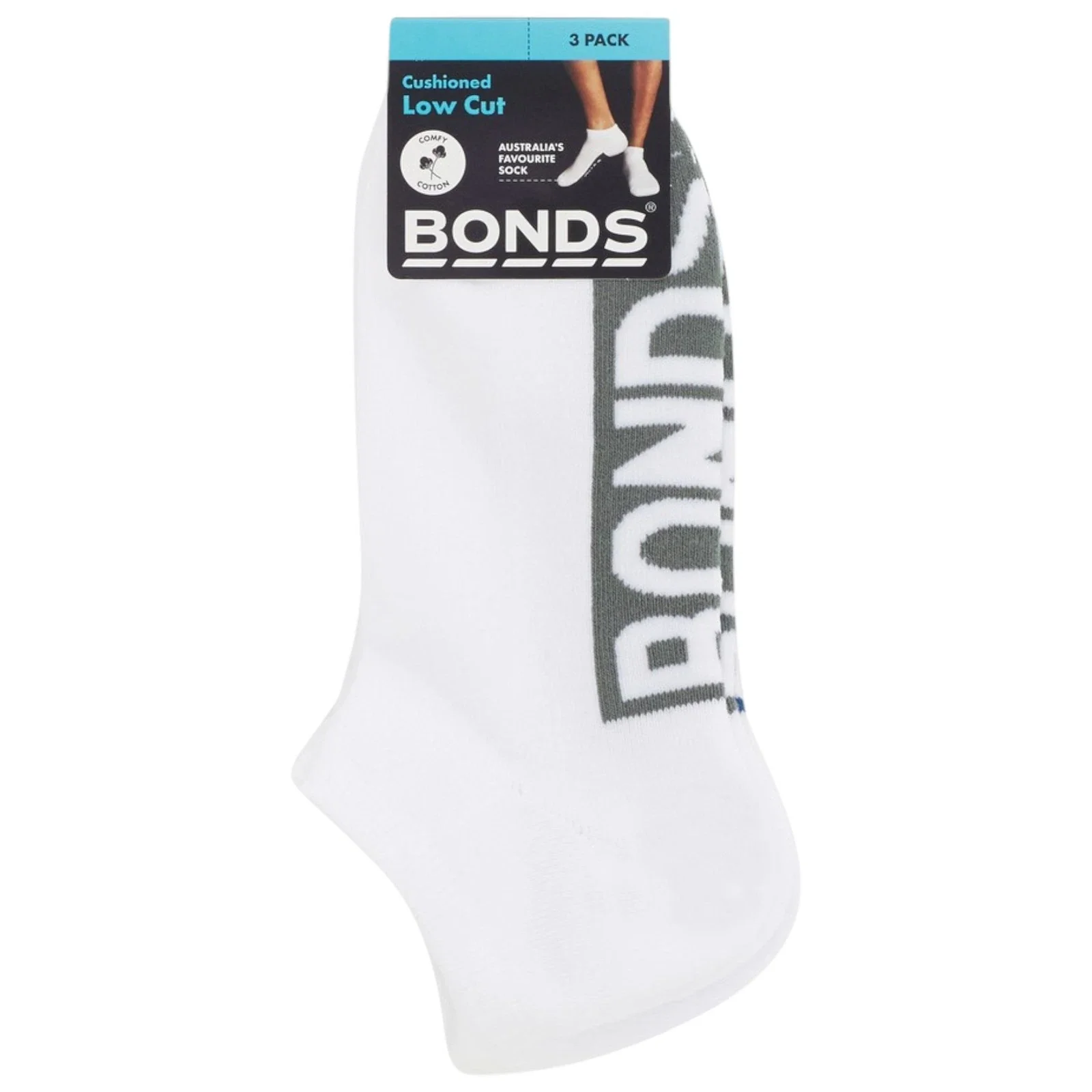 Bonds Men's Logo Cushioned Low Cut Socks 3 Pack - White/Teal/Khaki/Charcoal