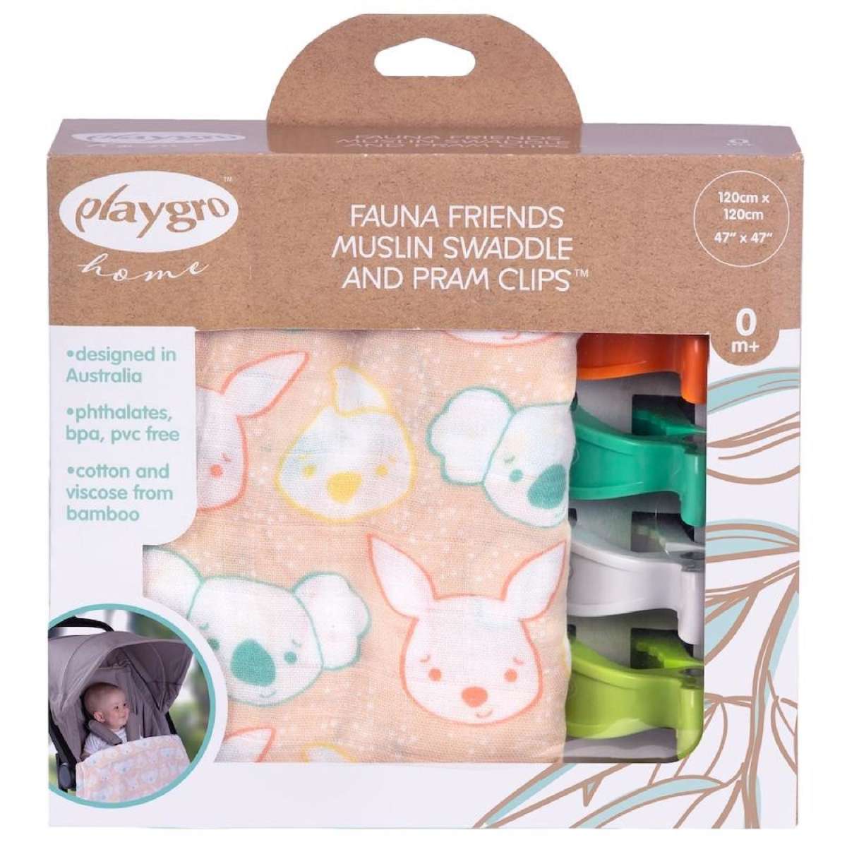 Playgro Fauna Friends Muslin Swaddle and Pram Clips - Image 4