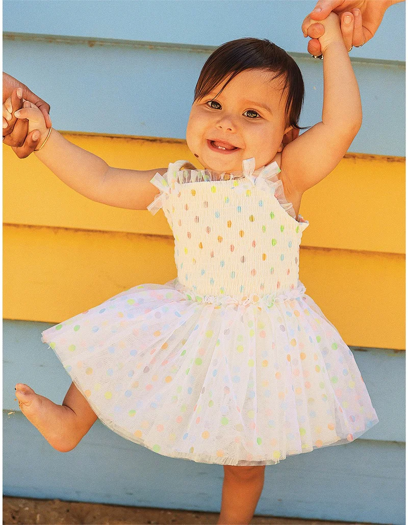 Rock Your Baby Rainbow Polka Dot Wishes Tulle Baby Dress - Cream - Image 5
